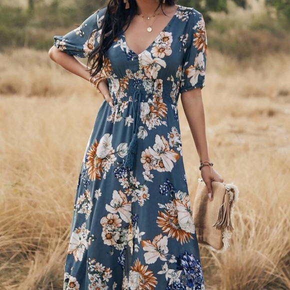 boho floral print v neck slit black midi dress - Picture 4 of 11